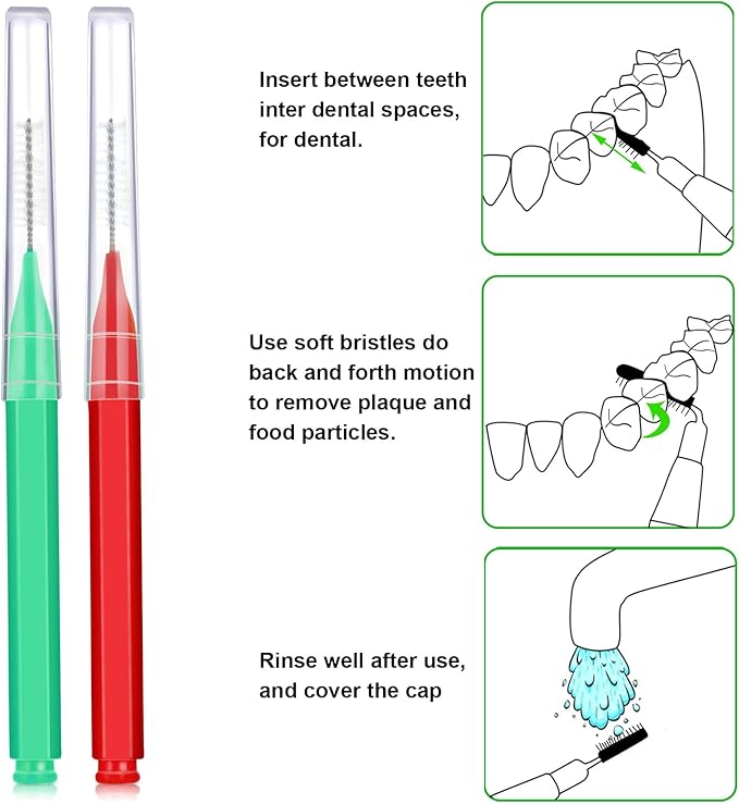 Patelai 100 Pieces Braces Brush for Cleaner Interdental Brush Toothpick Dental Tooth Flossing Head Oral Dental Hygiene Flosser Toothpick Cleaners Tooth Tool(Green, Red,Proper Size)