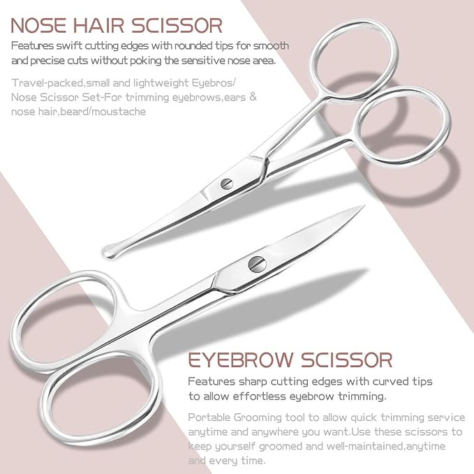 2PCS Multifunctional Eyebrow Scissors for Women, Mustache Scissors and Nose Hair Scissor for Men, Curved Grooming Scissors for Eyebrow, Mustache, Beard, Eyelashes - Premium Stainless Steel Quality