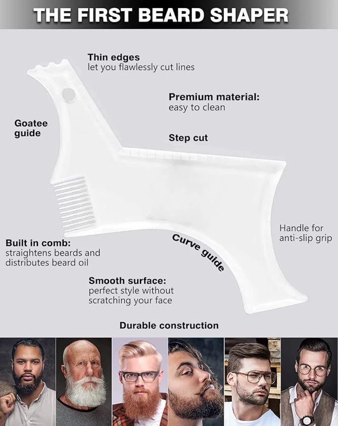 Beard Shaping & Styling Tool With Comb for Perfect line up & Edging For Men's Jaw Cheek/Neck Line, Symmetric/Curve/Step Cut Works with Any Beard Razor Electric Trimmers or Clippers (Clear-1pcs)