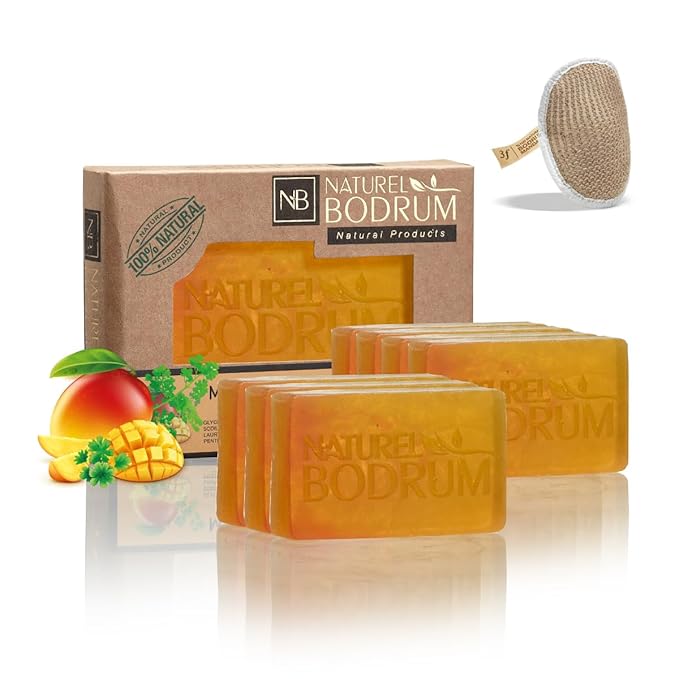 Mango and Coriander Organic Soap Bar for Women and Men, Pack of 7 Glycerin Soap Bars - UV-Repair & Acne-Control Bar Soap with Beta-Carotene & Vitamin E - Natural & Vegan Spa Gift, for All Skin Types