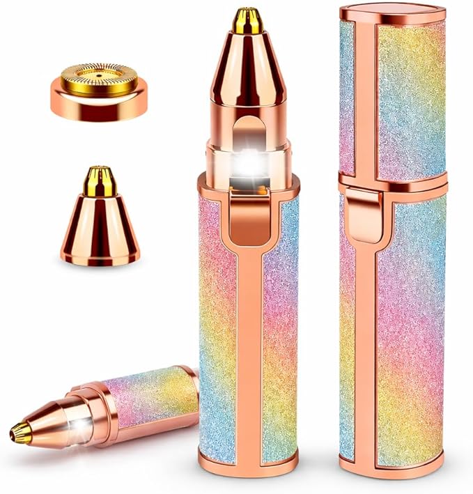 Facial Hair Remover for Women, Rechargeable USB Beauty Tool with Dual Replaceable Blades, Rainbow Glitter Rose Gold Design, Precision Grooming for Brows & Face, Colorful