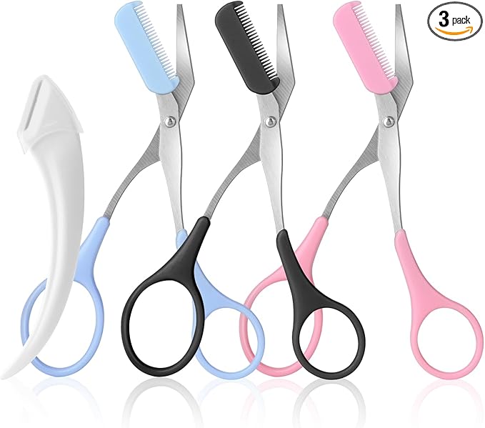 3pcs-Eyebrow Scissors with Eyebrow Razor,Professional Eyebrow Trimmer Scissors with Comb,Non Slip Finger Grips Eyebrow Trimmer, Hair Removal Beauty Accessories for Men Women (Black, Pink, Blue)