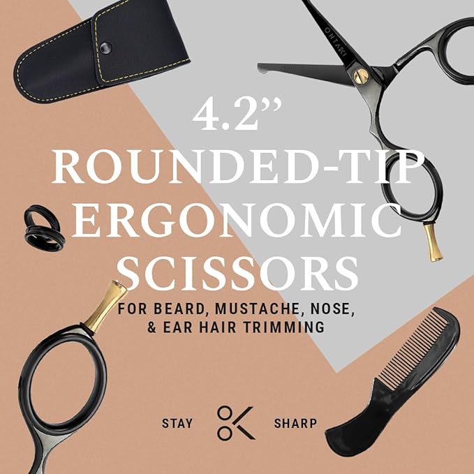 Ontaki Mustache Scissors - 4.2" Black Japanese Steel - Beard & Nose Hair Trimming Scissors for Men - Rounded Tip Ergonomic Handles - Hand-Forged Mustache Grooming Kit