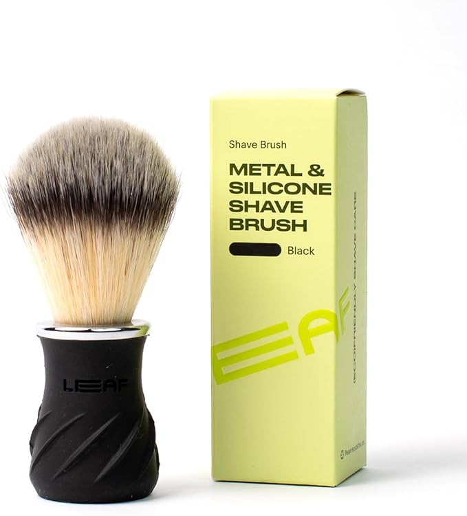 Leaf Shave | Leaf Grooming Brush, Metal and Silicone Handle with Measuring Cup for Use with Soap and Bowl Sets, Compatible with Soap Bar and Accessories - Black
