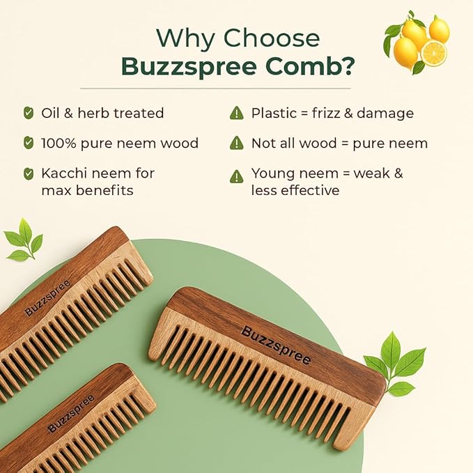 Natural Neem Wood Comb Set of 2 (Wave Lily & Wave Handle) | Wide & Fine Tooth Wooden Hair Pick Comb Set for Men & Women | Eco-Friendly, Plastic-Free Wooden Combs for Daily Grooming | Curly & Texted