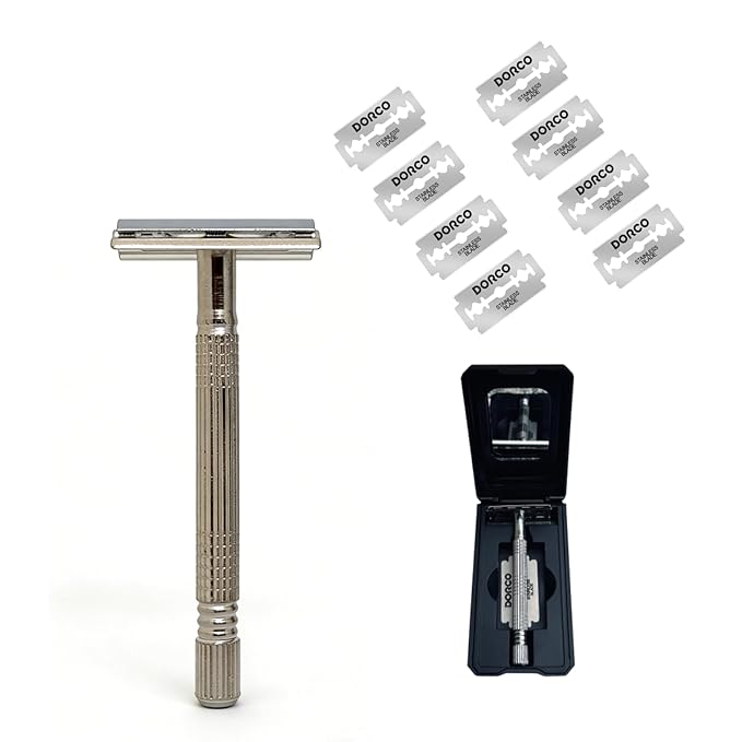 Reusable Double-Edge Safety Razor for Men - Vintage Chrome Short Handle, 8 Stainless Steel Sharp Blades, Smooth Shaving Tool with Mirror Travel Storage Case