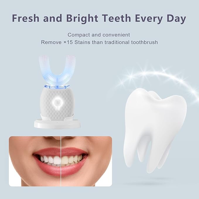 Smart U-Shaped Ultrasonic Toothbrush for Adults: 360° Full Mouth Cleaning with Auto Rotation, Smart Pressure Sensor & LED Light, Includes Foam Mousse, 4 Brush Heads and Charging Base (white)