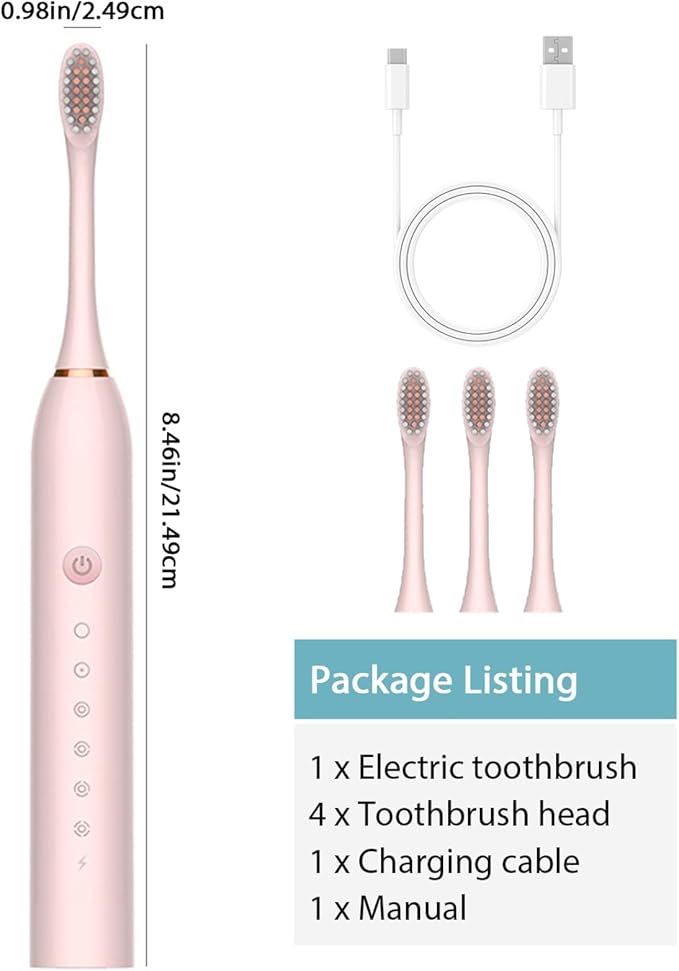 Electric Toothbrushes Adults Rechargeable Toothbrush with 4 Brush Heads and 6 Cleaning Modes Low Noise Waterproof Whiten Toothbrush Smart Timer Longer Life for Women Men Gift Style1 Rechargeable