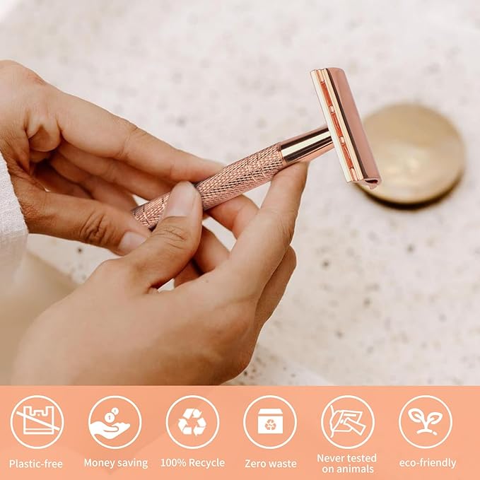Double Edge Safety Razor with Stand, Reusable Metal Single Blade Razors for Men and Women, with 10 Platinum Coated Double Edge Safety Razor Blades, Women's Safety Shaving Razors, Rose Gold