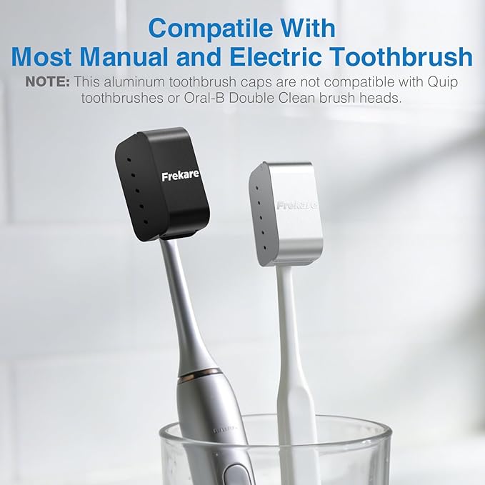 Aluminum Toothbrush Covers Caps, Travel Toothbrush Head Protector, Metal Brush Pod Case Fits Most Manual and Electric Toothbrushes, for Household, Bathroom, Business Trip, 2 Count, Silver+Black