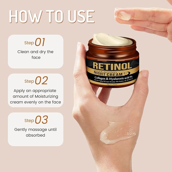Retinol Anti-Aging Night Cream with Collagen & Hyaluronic Acid, Night Anti-Wrinkle Face Moisturizer for Men, Smooth Fine Lines, Tightening & Hydrating Men's Routine Skincare, 50g/1.76oz