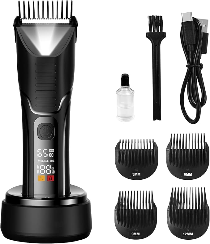 Body Hair Trimmer for Men - Pubic Hair Trimmer for Man - Electric Ball Shaver with LED Light - IPX7 Waterproof Wet/Dry Groomer kit for Groin -USB-C Rechargeable - Men's Pubic, Groin and Body Shave