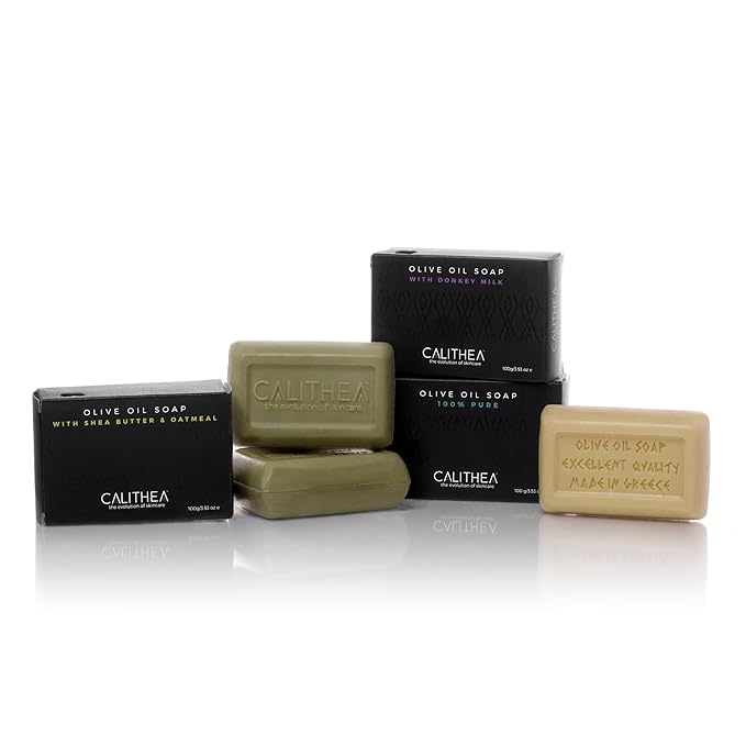 Calithea 3 Pack Olive Oil Based Soap Bars: 100% Pure Olive Oil Soap, Donkey Milk, and Shea Butter & Oatmeal Soap Bars