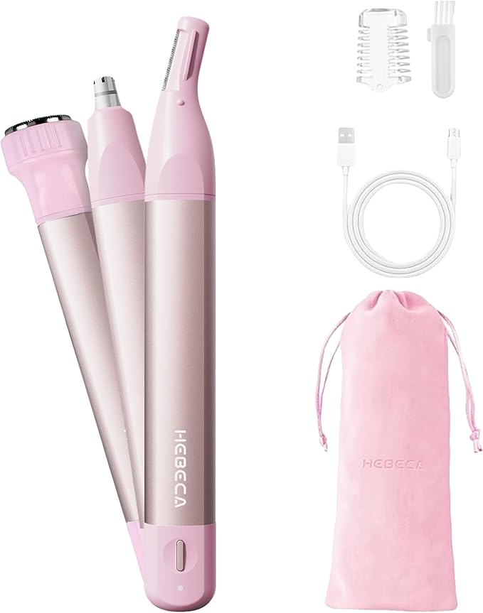 Nose Hair Trimmer for Women 3in1 Facial Hair Removal Trimmer - Metal Body, Rechargeable, Waterproof, Portable - Nose, Ear, Eyebrow, Peach-Fuzz, Lips, Chin (Pink)