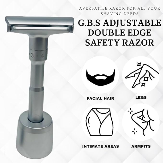 G.B.S Chrome Adjustable Men's Double Edge Safety Razor with Blades, Stand and 10 G.B.S Platinum Blade Refills
