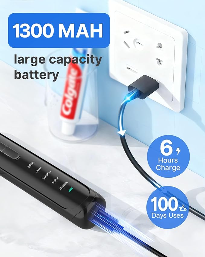 Operan Electric Toothbrush Rechargeable with 6 Brush Heads, Electric Toothbrush for Adults with 5 Modes and IPX7 Waterproof, 40,000 VPM Motor 6 Hours Fast Charge for 100 Days (Black, 1Pack)