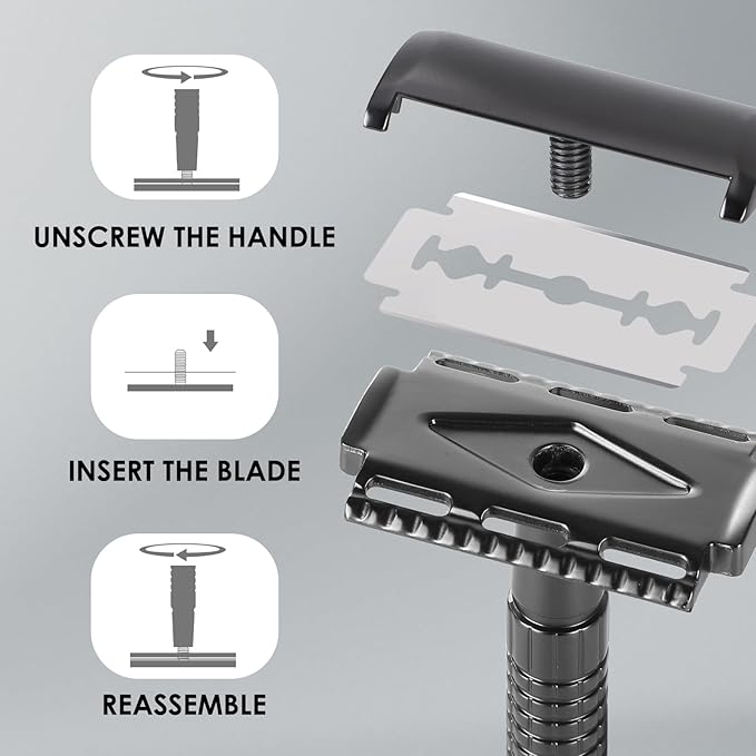 CLASSIC Double Edge Safety Razor with NONSLIP Handle, 10 Swedish Platinum Coated Blades Refills