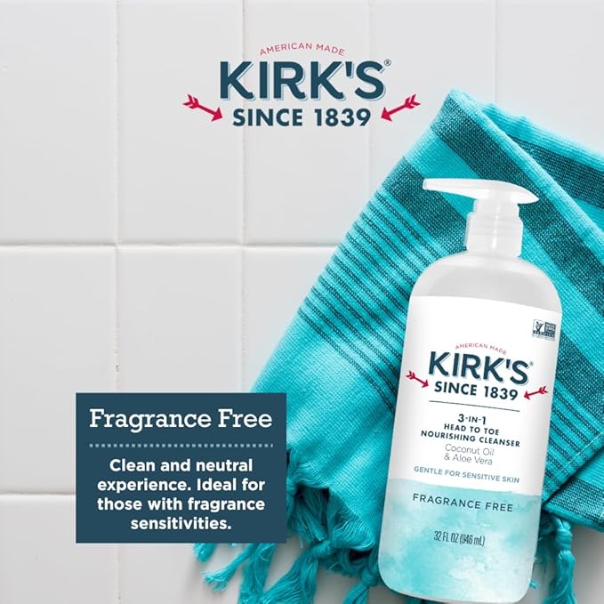 Kirk's 3-in-1 Head to Toe Nourishing Liquid Cleanser- for Men, Women & Children - Premium Coconut Oil & Aloe Vera- Non GMO & Vegan -Fragrance Free - 32 Fl Oz.