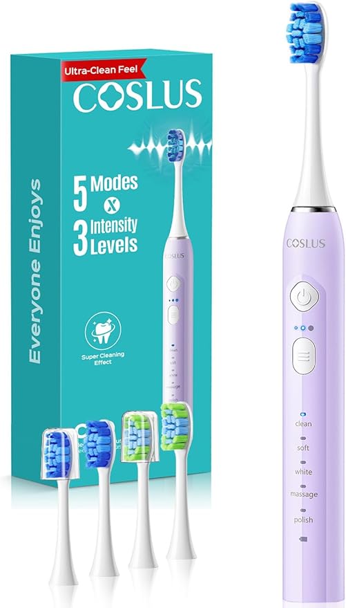 COSLUS C30 Electric Toothbrush for Adults & Kids: 3 Intensities & 5 Modes for Effective Yet Gentle Ultra-Clean Feel, 2 Types of Heads for Gentle & Daily Care, Travel & Family Use, Purple, 1PC