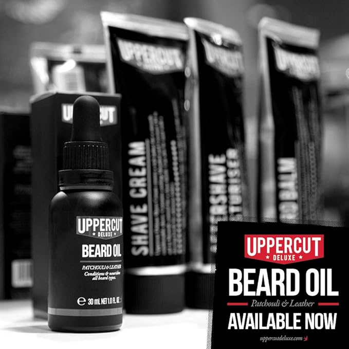 Uppercut Deluxe Beard Oil for Men, Lightweight Non-Greasy Beard Conditioner with Argan, Jojoba, Avocado & Rosemary Oils, Softens & Nourishes Beard, Patchouli Leather Scent, Beard Grooming Oil, 1 fl oz