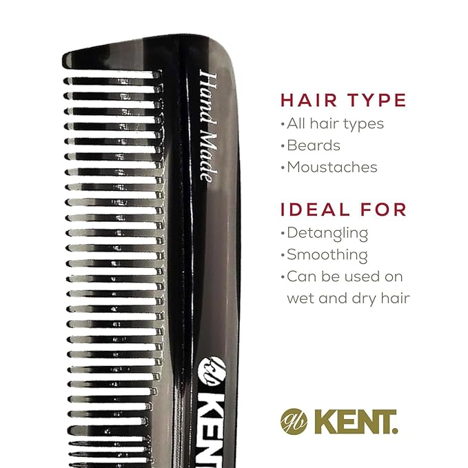 Kent R7T Black Graphite Fine and Wide Tooth Hair Comb, Handmade Pocket Comb for Men, Best Beard and Mustache Comb for Everyday Grooming and Styling, Sawcut, Made in England