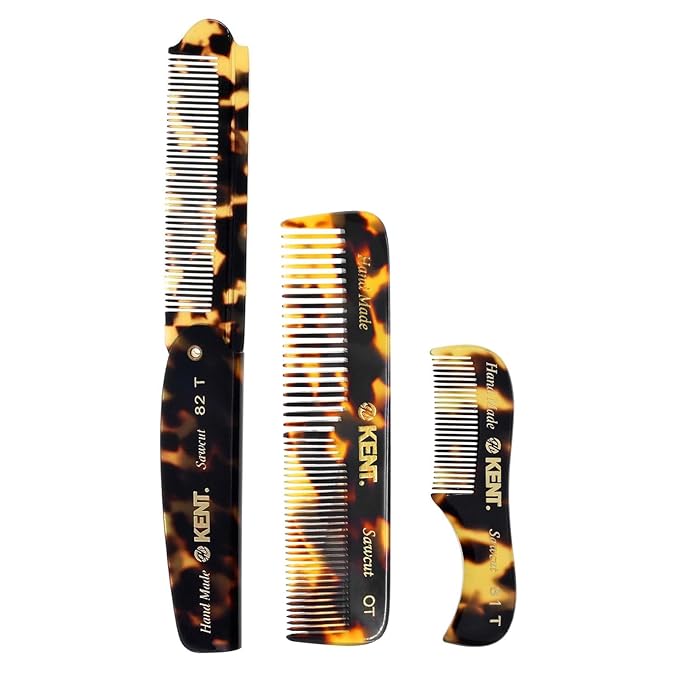 Kent Set Men's Hair Pocket Combs, 81T X-Small, OT All Fine Tooth, 82T Fine Tooth Folding Comb. Best Hair, Beard and Mustache Grooming Kit for Travel and Home Care, Handmade in England