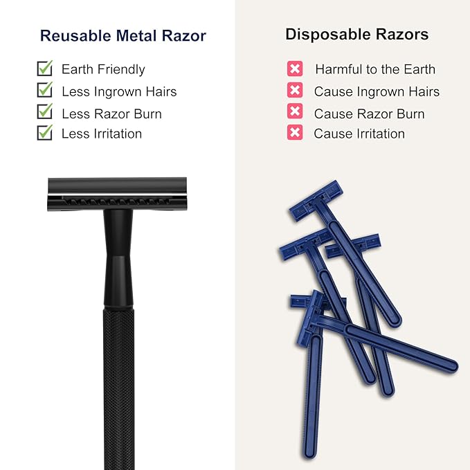 Safety Razor with Stand, Single Blade Razors for Men and Women, Reusable Metal Razor, with 10 Double Edge Blades, Smooth Close Shave, Plastic Free, Matte Black