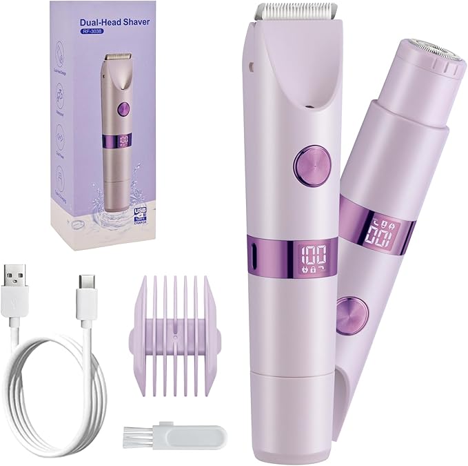 Bikini Trimmer for Women，Dual Head Women Shaver IPX6 Waterproof Cordless Pain Free Hair Removal with Safety Lock Trimmer for Smooth Skin Ideal for Bikini Area Body and Facial Hair (Purple)