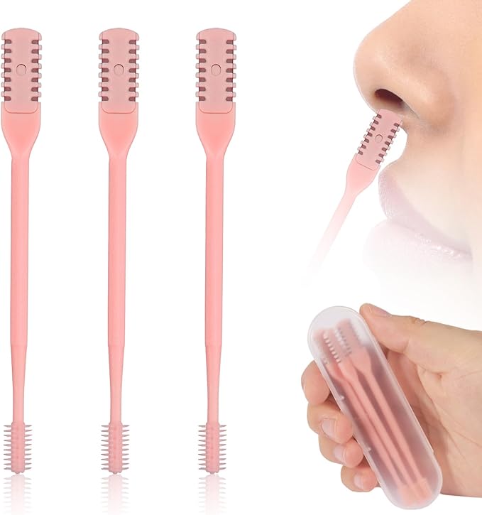 3pcs 2 in 1 Nose Hair Trimmer, 360° Rotating Nasal Hair Cutter Clipper Double Sided Nose Hair Cleaner Portable Manual Nostril Hair Removal Tool with Ear Picker for Men Women (Pink)