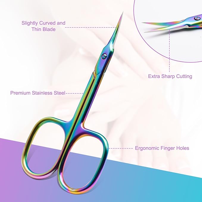 CGBE Cuticle Scissors Extra Fine Curved Blade, Super Slim Manicure Scissors for Cuticles Professional Small Scissors with Precise Pointed Tip Grooming Blades, Eyebrow, Eyelash, and Dry Skin - Colorful
