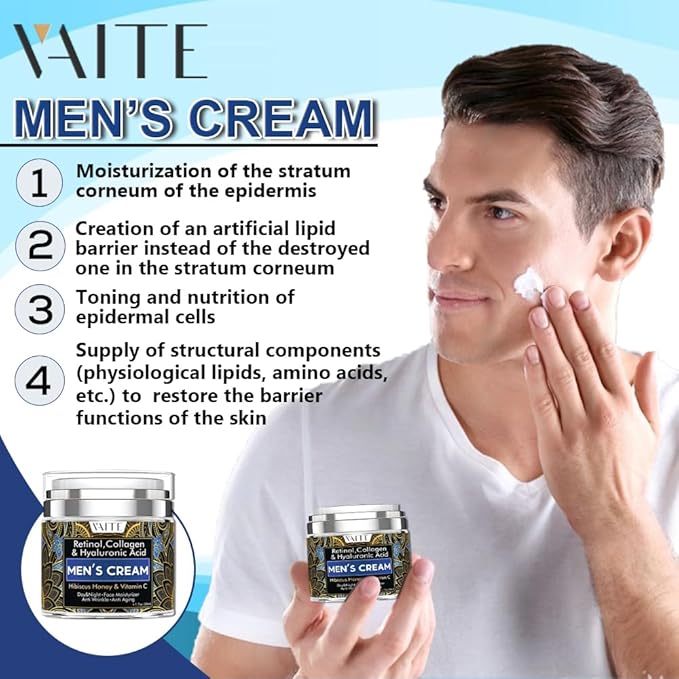 VAITE Mens Face Moisturizer with Collagen, Retinol, Anti-Aging, Anti-Wrinkle Cream for Men, Hydrating Facial Skin Care with Hyaluronic Acid, Hibiscus, Honey & Vitamin C, Day & Night Hydration