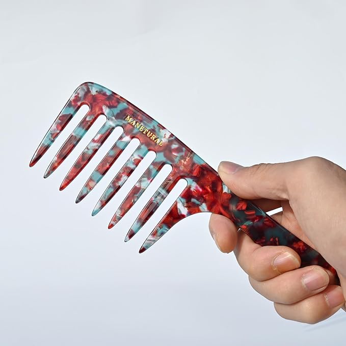 D1 | wide tooth comb 7.4"for easy portability. Suitable for Women's/girl curly, curly and tight hair, the short handle design is easy to carry. Acetate comb (RED B)