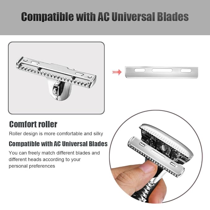 Single Blade Razors for Men and Women, Reusable Modular Safety Razor with Magnetic Head and Metal Non-Slip Grip, 10 Single Edge Razor Blades & Leather Case,Silver Whiskers
