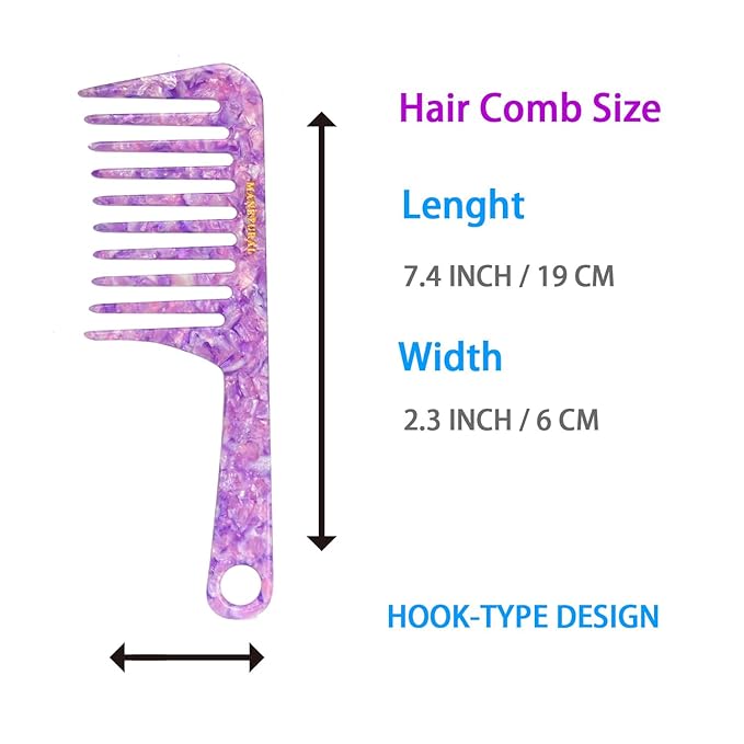 D1 | Wide Tooth Handle comb for Curly Hair| Elevates, Preserves Curl, Smooths hair Acetate comb(Shiny purple)