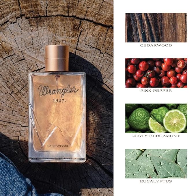 Wrangler 1947 Cologne for Men by Tru Western, 2.5oz, Cedarwood, Amber, Pink Pepper, Zesty Bergamot, Eucalyptus, & Ranch water Accord, Masculine Fragrance, Fresh Aromatics & Warm Resins
