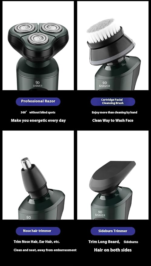 4-in-1 Electric Shaver for Men — Rechargeable, Equipped with Trimmer, Facial Cleansing Brush & Nose Hair Cutter, Full-Body Washable, Rotary 3-Blade System, 90 Minutes of Runtime