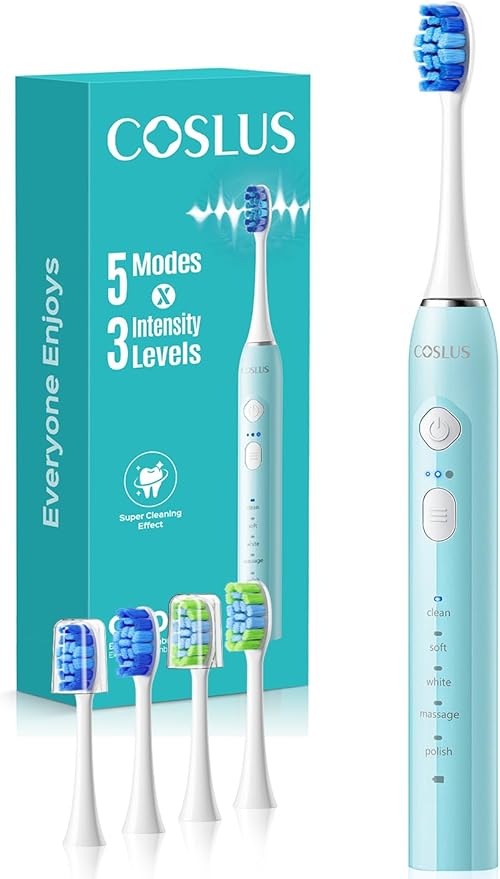 COSLUS C30 Electric Toothbrush for Adults & Kids: 3 Intensities & 5 Modes for Effective Yet Gentle Ultra-Clean Feel, 2 Types of Heads for Gentle & Daily Care, Travel & Home Use, Green, 1PC
