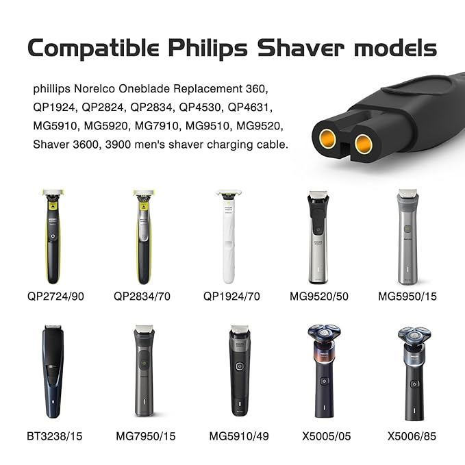 5V Charger Cord for Philips One Blade QP2724 QP2834, MG7910 MG5910 MG9510, 2000 2400 3600 Series Norelco X3001 S3341 S5880 S3243 S7887 X3052 Electric Shaver USB Cable[2-Pack]