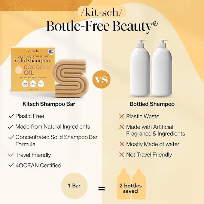 Kitsch Coconut Oil Shampoo Bar - Hydrate & Soften Dry Damaged Hair - Deep Moisturizing Curly Hair Shampoo - Safe Shampoo for Color Treated Hair - Silicone, Paraben & Sulfate Free - 3.2 oz
