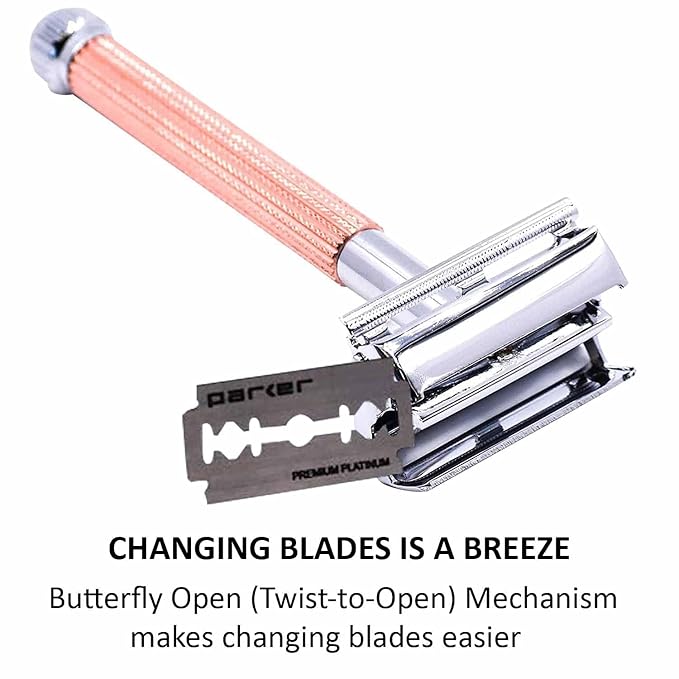 Parker 29L Rose Gold, Long Handle Butterfly Open Double Edge Safety Razor for Men & Women, 5 Parker Premium Platinum Double Edge Razor Blades Included
