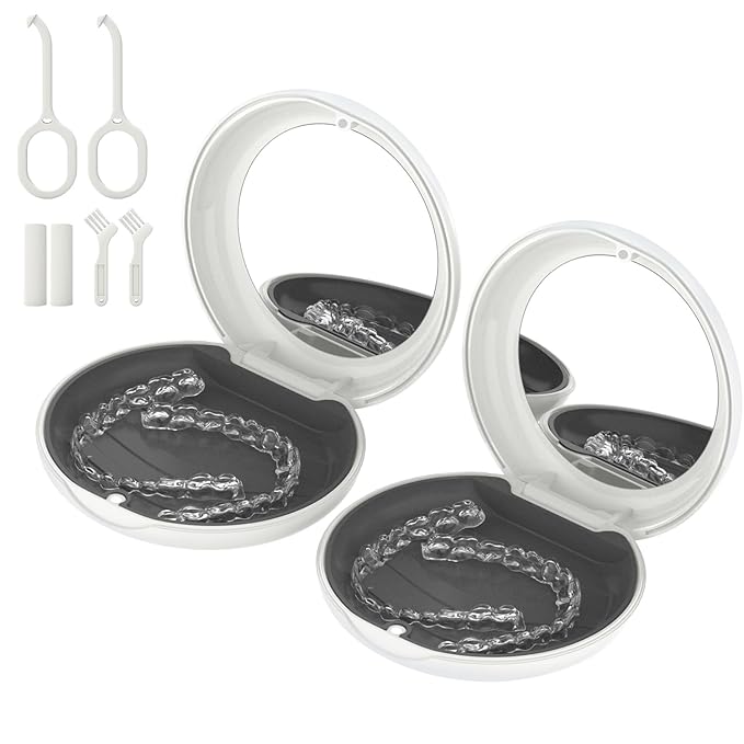 2 Pack Retainer Case with Mirror, Compatible with Invisalign, Orthodontic Aligner Case with Removal Tool and Brush, White