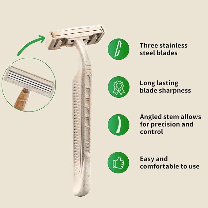 EZ Disposable Razor - 50pcs Eco Friendly Disposable Three Blade Shaving Razor for Men/Women's Grooming, Biodegradable Single-Use Body & Face Shaver for Eco Friendly Product Gifts