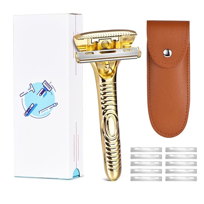 Single Blade Razors for Men and Women, Reusable Modular Safety Razor with Magnetic Head and Metal Non-Slip Grip, 10 Single Edge Razor Blades & Leather Case,Gold Roller