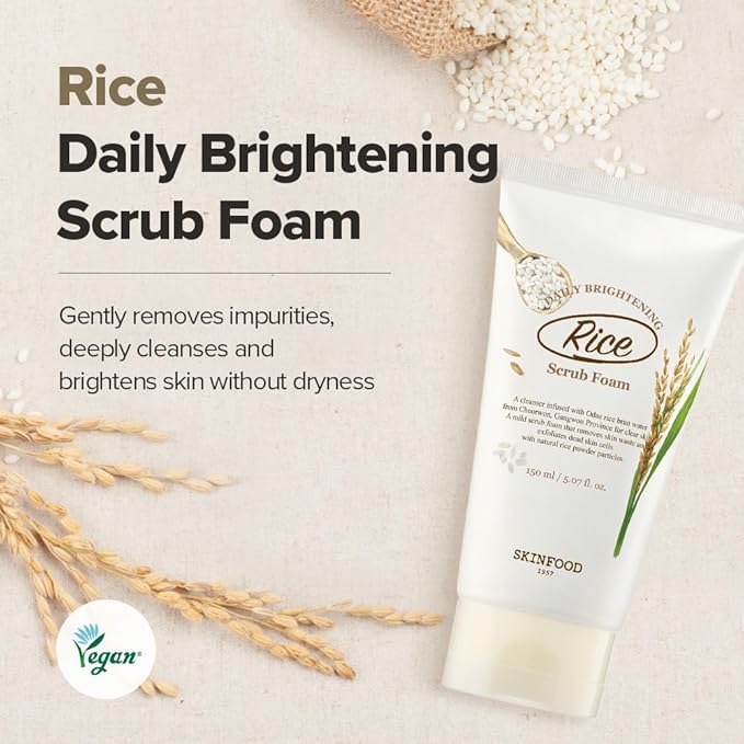 SKINFOOD Rice Daily Scrub Foam, Facial Cleanser with Face Scurb, Face Wash Fermented White Rice Bran Water, Gentle Exfoliating For Men and Women (150ml, 5.07 fl. oz.)