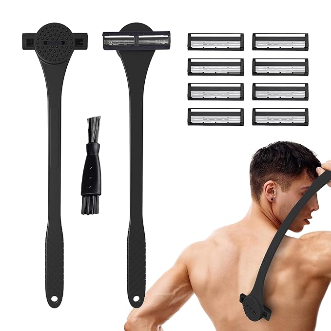 18" Back Shaver & Scrubber for Men – 2-in-1 Pain-Free Grooming Tool with Long Handle (46cm), Built-In Scrubber, Wet or Dry Use – Includes Compact Box (23x8x8cm) (BLACK)