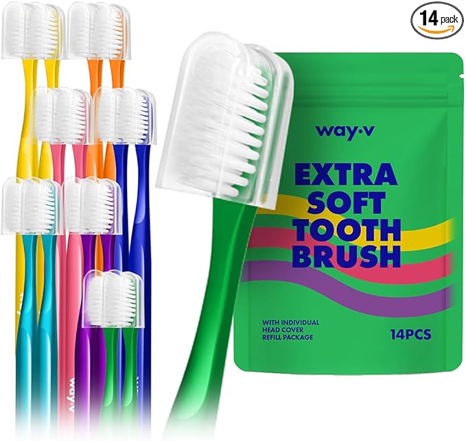 Way.V Extra Soft Toothbrush 7 Pack for Sensitive Gums and Teeth 3000 Ultra Gentle Bristles Brushes with Hygienic Head Covers Friendly Dentist Recommended BPA Free - Family Refill Green 14 Pack