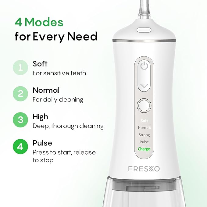 FRESKO Water Dental Flosser for Teeth, 300ML Flosser with Constant Pressure, Rechargeable Oral Irrigator Cleaner for Travel with 5 Jet Tips, IPX7 Waterproof