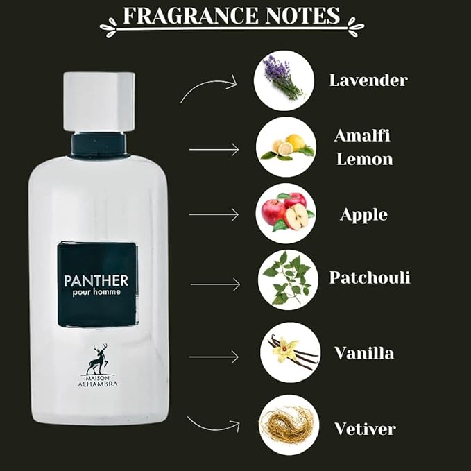 Maison Alhambra Panther Pour Homme Eau De Parfum Spray 100ML (3.4 OZ) Long Lasting Arabian Perfume For Men - Premium Perfume Men Fresh, Citrusy & Spicy Fragrance with Vanilla, Vetiver & Lavender Notes