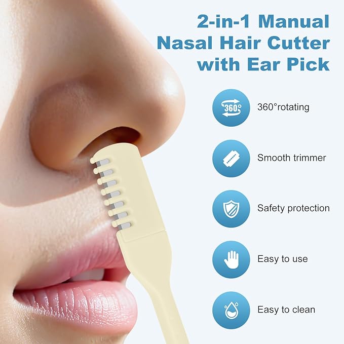 5PCS 2-in-1 Nasal Hair Cutter, Manual Nose Hair Trimmer Cutter with Ear Pick for Women & Men 360°Rotating Nose Hair Remover Grooming Tool Knife Razor Portable Nostril Hair Trimmer (Beige)
