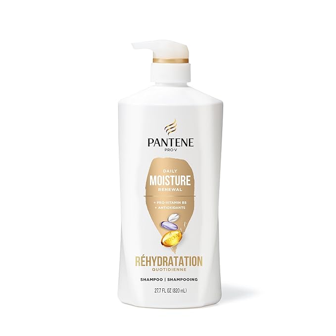 Pantene Shampoo, Daily Moisture Renewal - Pro-V Nutrients for Dry, Color-Treated, Straight to Curly Hair, 72-Hour Hydration & Softness, 27.7 Oz Each, 2-Pack + Miracle Rescue Shot (0.5 Oz)